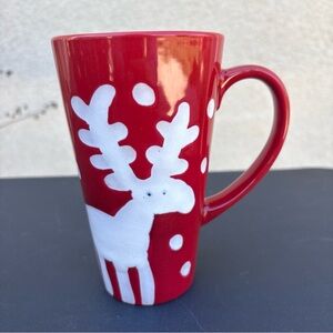 Pier 1 Handpainted Tall Reindeer Mug Red/White Holiday Hot Cocoa 16 Oz